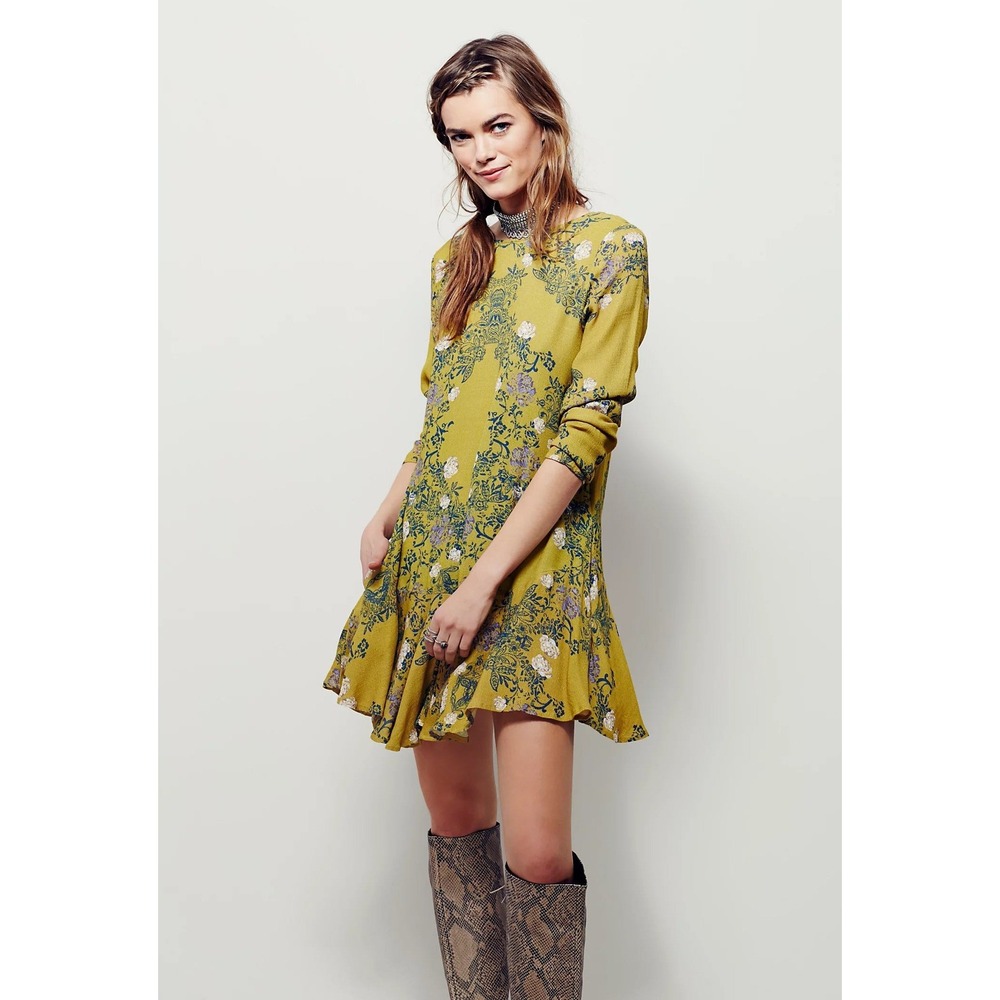 Free People Smooth Talker Floral Print Tunic S Chartreuse Open Back Dress Boho